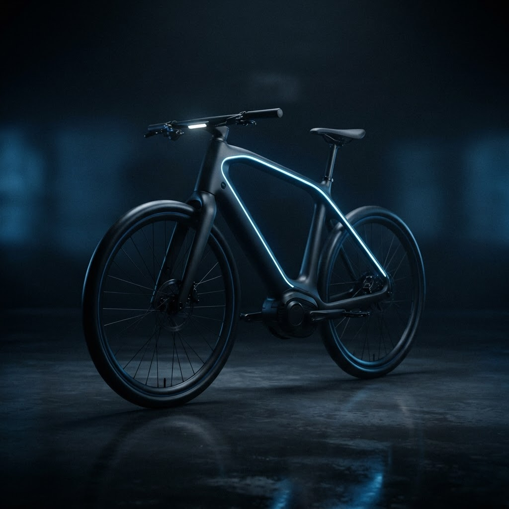 The shadowed silhouette of a premium electric bike emerging from darkness