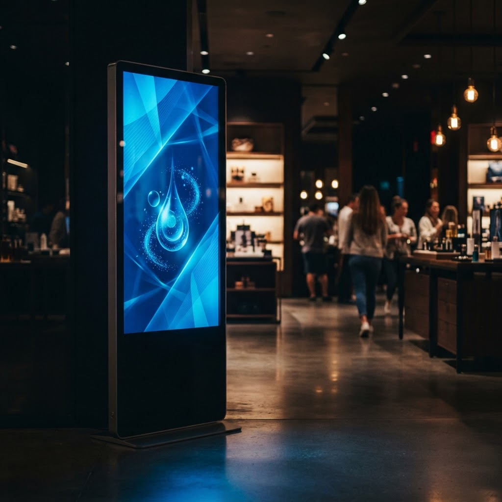 A slim vertical digital totem display glowing with a blue promotional advertisement inside a modern retail store