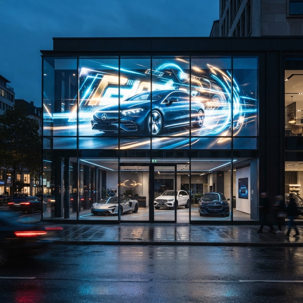 A luxury automotive showroom with a huge glass facade and premium vehicles inside