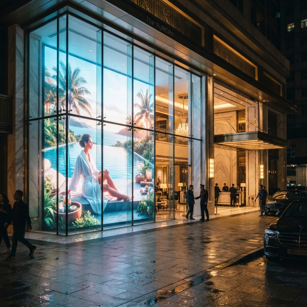 An upscale luxury hotel lobby and resort entrance with a grand glass facade