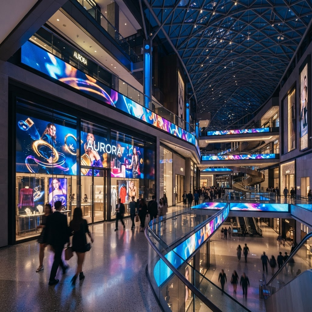 A large modern shopping mall atrium with soaring glass ceilings and premium corridors