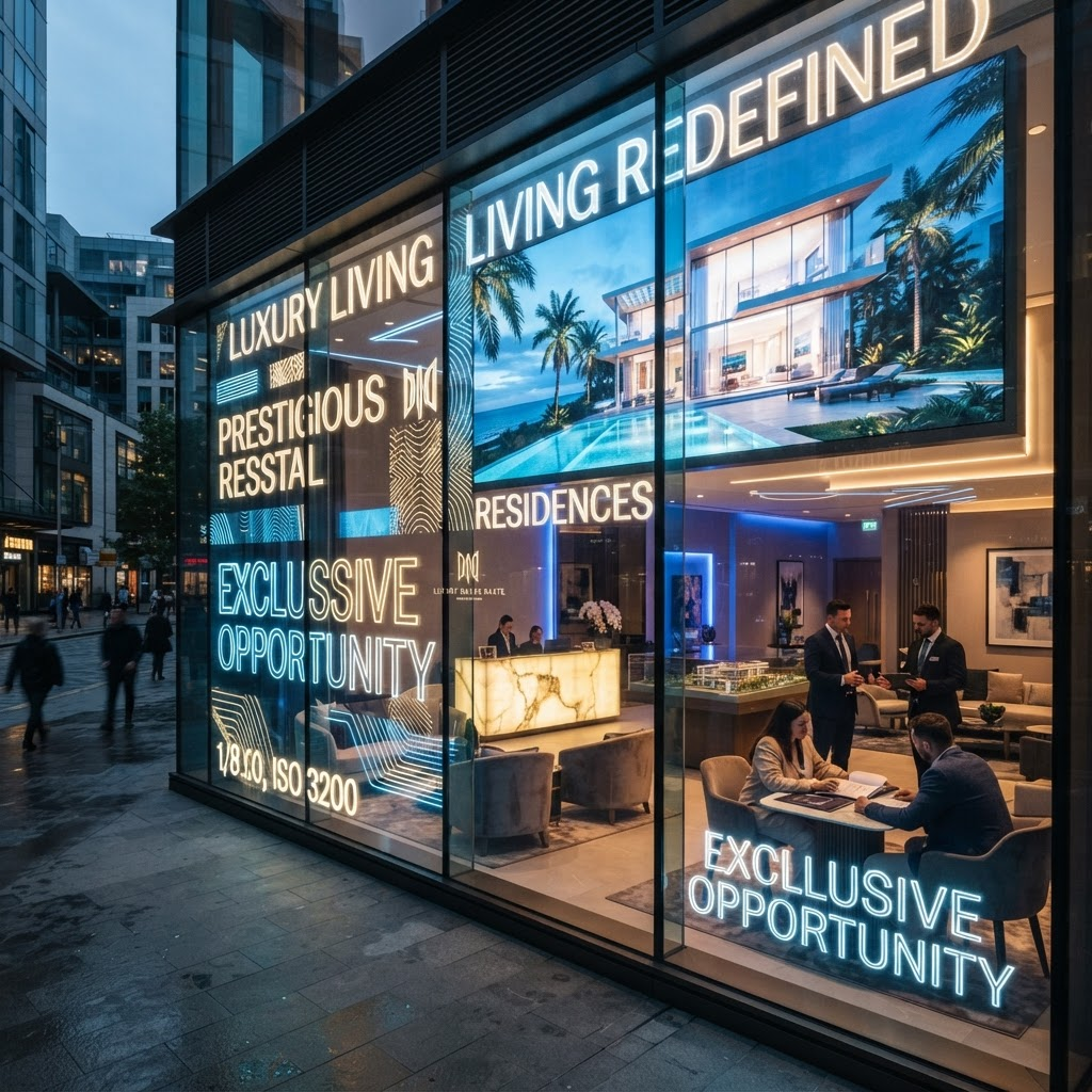 A high-end residential real estate sales gallery with large glass walls and property displays