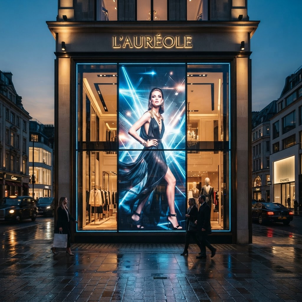 A high-end luxury fashion boutique storefront with a pristine glass facade at dusk
