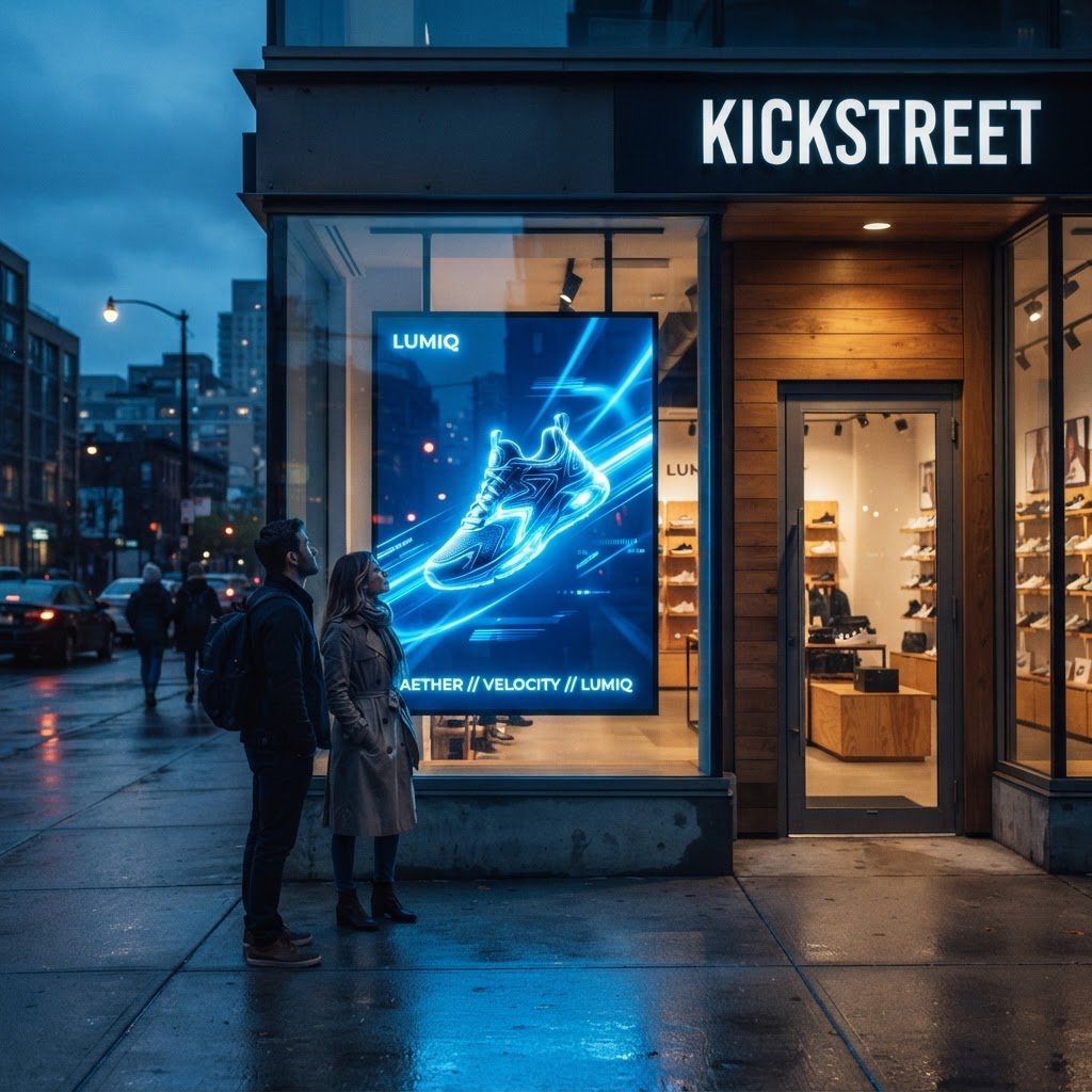The same storefront window now glowing with a bright digital campaign that stops passersby