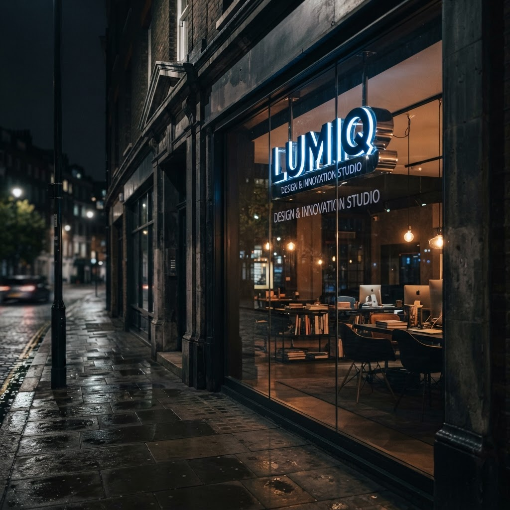 A storefront glass window at night glowing with the illuminated Lumiq logo